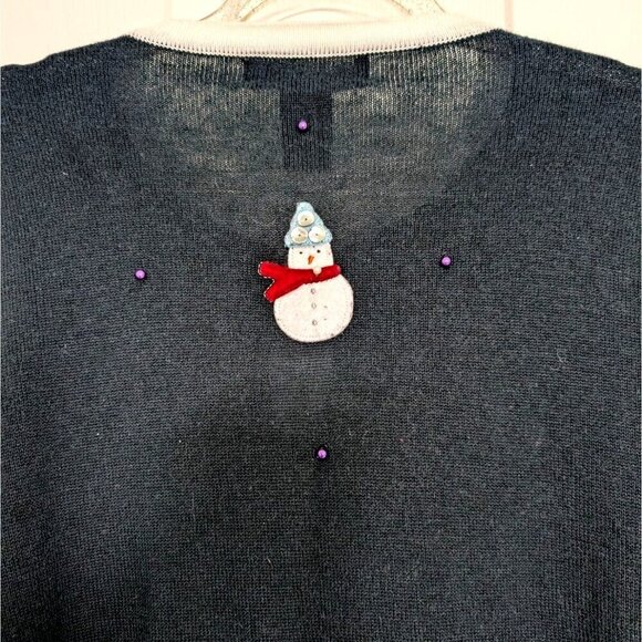All Points Snowman Cardigan Womens Size Large Black Beaded Christmas Winter - Picture 10 of 13